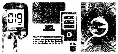 Retro digital watch, computer monitor, server rack, keyboard, mouse, vinyl record stylus gritty halftone vector, tech nostalgia, analog digital fusion.