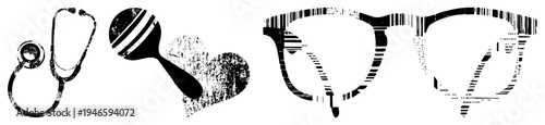 Black and white vector stethoscope for doctors, baby rattle for infants, eyeglasses for vision. Grunge texture, isolated symbols, medical and parenting themes.