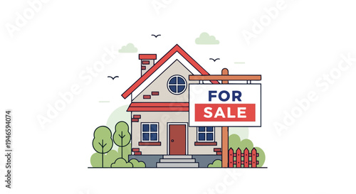 Residential property illustration with a prominent for sale sign indicating market availability and new home search possibilities presented in clean