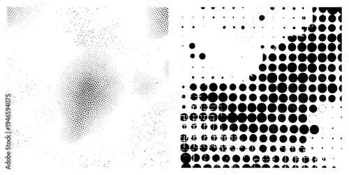 Geometric halftone gradients using circular dots, vector graphic, minimalist design, print art texture, visual abstraction, typographic background, graphic design element.