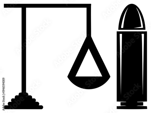 Legal execution symbol, gallows structure, death penalty, firearm cartridge, justice system emblem, legal punishment motif, black vector.
