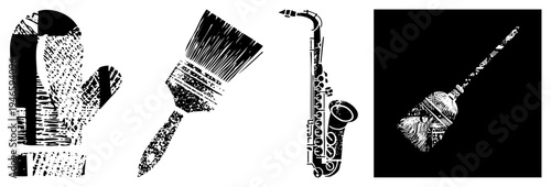 Graphic set of creative tools painter’s brush, saxophone, oven mitt, and broom, rendered in gritty halftone, ideal for design, illustration, or print.