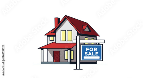 A brightly colored cartoon-style illustration of a residential house featuring a bold red roof and white walls with a clear 'For Sale' sign out front