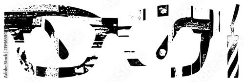 Bold black and white vector graphic with fragmented eye motif and teardrop shapes, halftone texture, graphic design element, isolated, stencil style, modern minimalism.