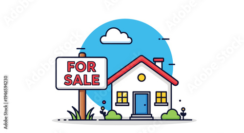 Quaint suburban dwelling awaits new owners a vibrant illustration of a house with a 'for sale' sign