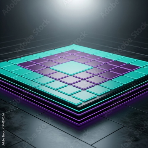 Abstract Geometric Layered Square Pattern with Teal and Purple Lights