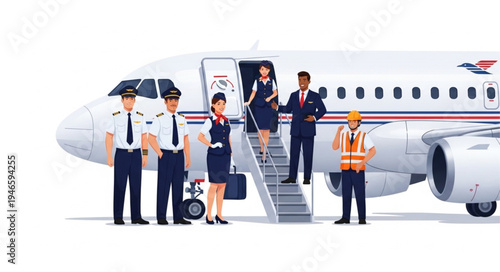 Airplane Crew and Passengers Boarding.