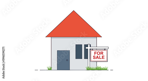 A modern minimalist dwelling featuring a distinctive red roof and a clearly visible 'FOR SALE' sign, symbolizing property market engagement and home