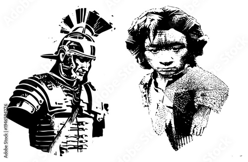 Black and white halftone portraits of a Roman soldier in armor and a modern woman in casual attire, rendered in stark contrast with bold and dot textures, evoking historical juxtaposition.