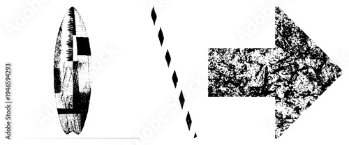 Stylized surfboard morphs into directional arrow, halftone, vector art, graphic design, texture overlay, motion concept, abstract transformation.