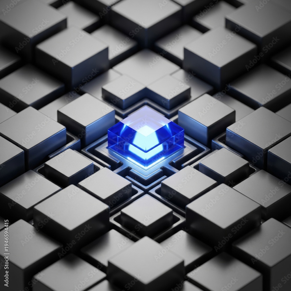 Fototapeta premium Abstract glowing blue cube on dark geometric background symmetrical
