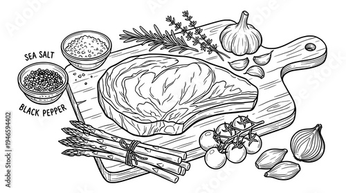 Set of Steak food restaurant doodles. hand drawn style. black and white line art drawing