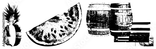Retro styled halftone illustrations of tropical fruit and barrels, vector art, graphic design elements, isolated food.