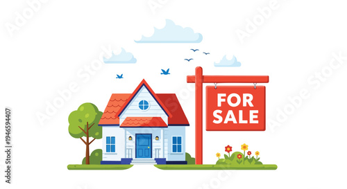 An inviting white house with a striking red roof and a prominent 'For Sale' sign, set in a sunny residential landscape awaiting new residents.