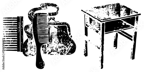 Retro grooming brush and antique writing desk, distressed graphic style, black and white vector illustration, vintage aesthetic, isolated objects.