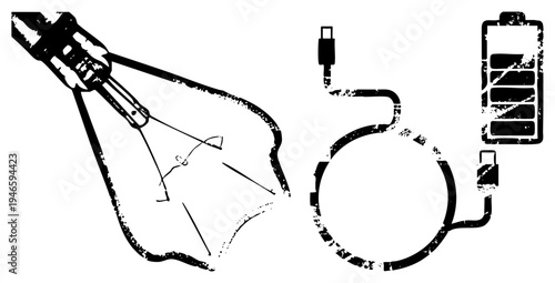 Handheld lightbulb connected to USB and battery, retro tech concept, energy transfer illustration, electric lighting symbol, power source graphic.