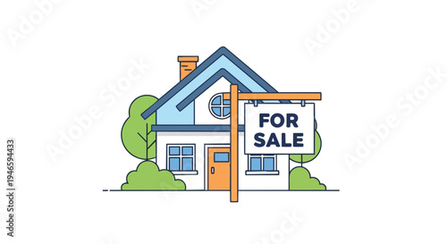 Vibrant Illustrated Suburban Dwelling With Prominent 'For Sale' Signage Presenting A Real Estate Opportunity