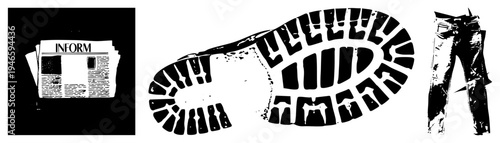 Black and white graphic newspaper with “INFORM,” rugged boot tread, ripped jeans. Flat vector design for, fashion, or urban themes.