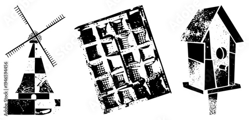 Rustic windmill, chocolate bar wrapper, wooden birdhouse, distressed black and white vector art, halftone texture, isolated graphic elements.