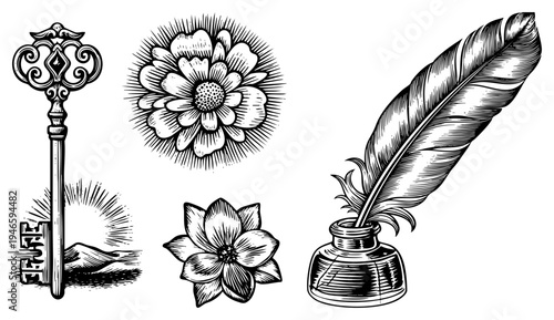 Ornate key with sunburst, detailed flower motifs, classic quill pen in inkwell, engraved art, vintage illustration, historical stationery.