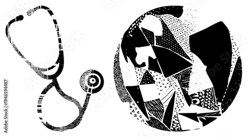 Black and white halftone stethoscope beside fragmented doctor silhouette, medical, healthcare symbol, graphic illustration, clinical.