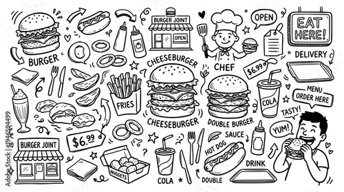 Set of Burger food restaurant doodles. hand drawn style. black and white line art drawing