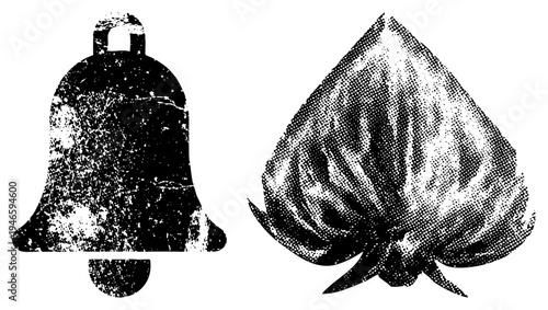 Classic bell and spade playing card symbol rendered in halftone dot texture, graphic, retro print style, vector illustration.