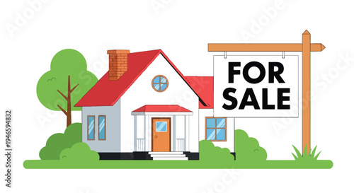 Vibrant flat illustration of a suburban house with a red roof and 'For Sale' sign for real estate marketing.