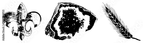 Distressed fleur de lis, natural agate section, wheat stalk silhouette vector with textured grain and stylized form.