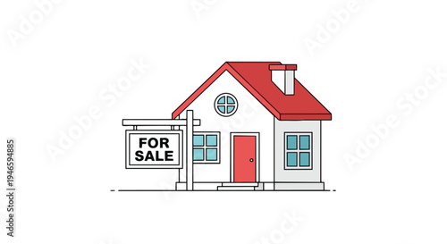 Modern minimalist illustration of a detached residential property featuring a prominent 'for sale' sign, representing crucial real estate