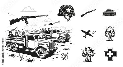 World War II military equipment and symbols illustration.