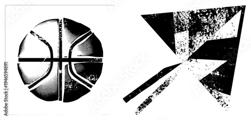Black and white halftone basketball with textured panels, abstract starburst graphic with distressed texture, vector art, sport design, graphic motifs.