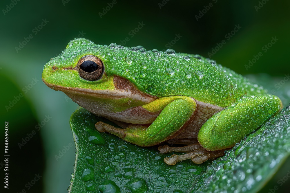 Obraz premium Frog resting on a wet leaf, macro photography look