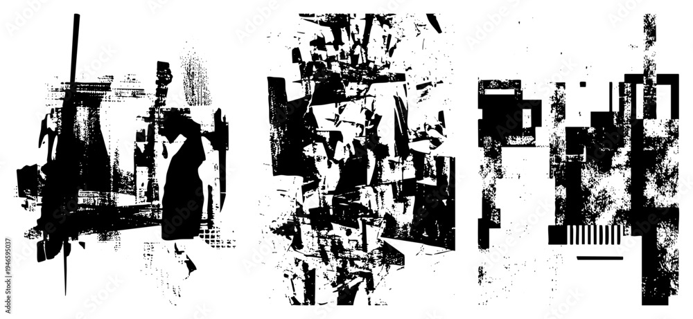 Obraz premium Black and white vector composition of broken geometric shapes, glitch art style, digital distortion, fragmented architecture, graphic design element, halftone texture, modern abstract.