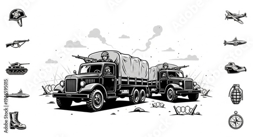 Vintage Military Trucks and War Equipment Illustration.