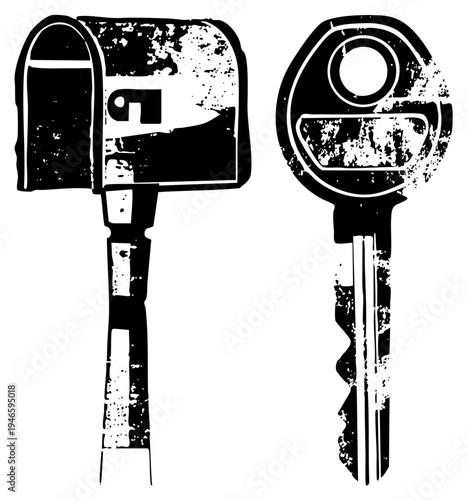 Rustic mailbox and key graphic, vintage postal box, rusty key silhouette, grunge art style, black and white vector illustration.