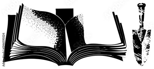 Vintage style open book with halftone page texture, accompanied by a weathered shovel, graphic design, black and white vector, isolated elements, educational or gardening metaphor.