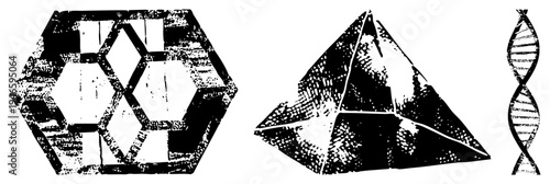 Vector graphic of hexagonal lattice, form, and DNA double helix, all rendered with halftone dot and bold, ideal for scientific or abstract design.