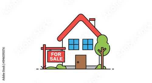 Minimalist illustration of a charming house featuring a prominent 'For Sale' sign, clearly indicating property availability and immediate
