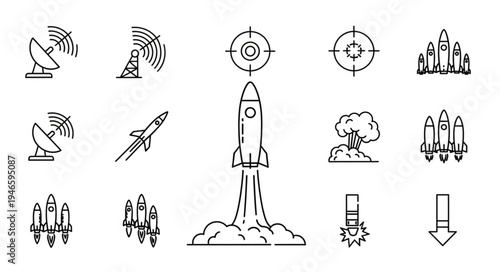 Collection of space and military rocket icons in a line art style.