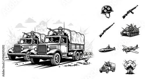 Vintage military trucks with mounted machine guns in a convoy.