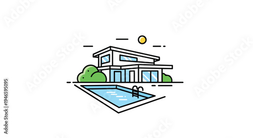 Modern architectural illustration depicting a luxurious home with a refreshing swimming pool under a bright sun
