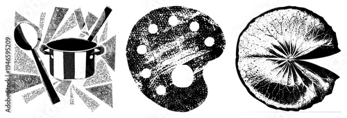 Graphic design trio striped pot with spoon, painter’s palette with holes, lily pad with veins all rendered in halftone dot. Artistic, stylized, vector.