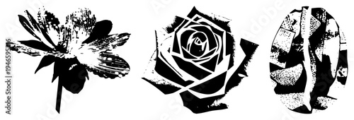 Three stylized flower graphics rendered in high contrast, featuring brushstroke, geometric, and halftone textures ideal for graphic design, print, or digital.