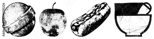 Retro styled halftone illustrations of food items, hot dog, bowl, lemon rendered in gritty with textured grain, ideal for graphic design or print.
