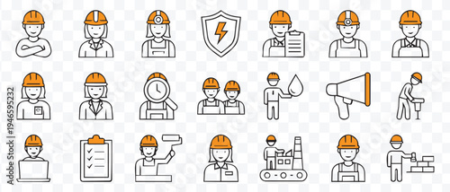 Construction and Industrial Worker Icons Set. Building, Engineering, Safety and Labor Outline Vector Collection. Hard Hat Professionals and Tools.