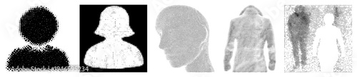 Vectorized halftone representations of human profiles and clothing, stylized as dotted, ideal for graphic design, UI elements, or print.