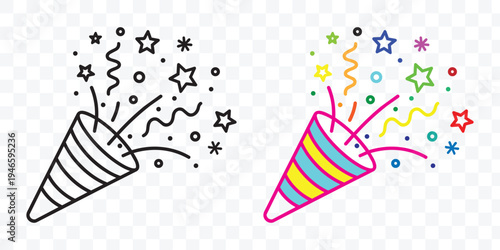 Festive Party Popper with Colorful Confetti and Stars Vector Icon. Celebration, Joy, and Surprise Element for Events