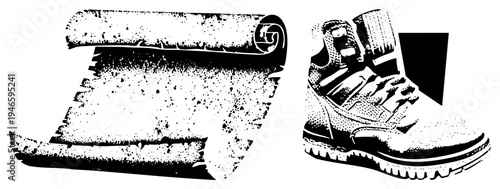Antique parchment scroll with torn edges and rugged work boot, both rendered in halftone dot, graphic design elements, isolated vector art.
