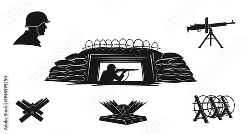 Military Trench Warfare Elements Silhouette Collection.